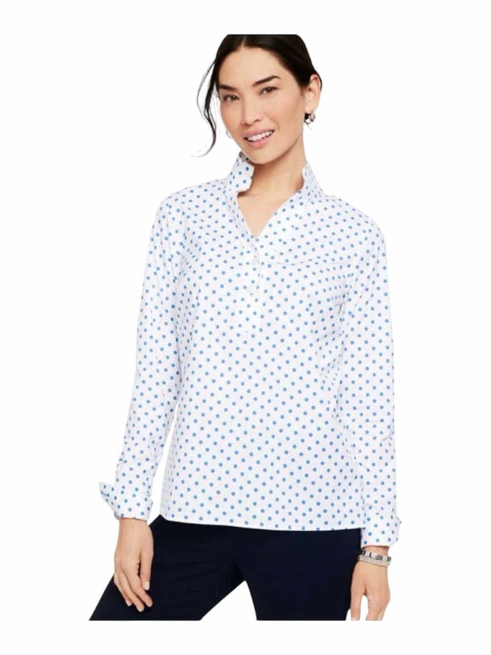 Talbots White Button-Down Blouse with Blue Polka Dots
